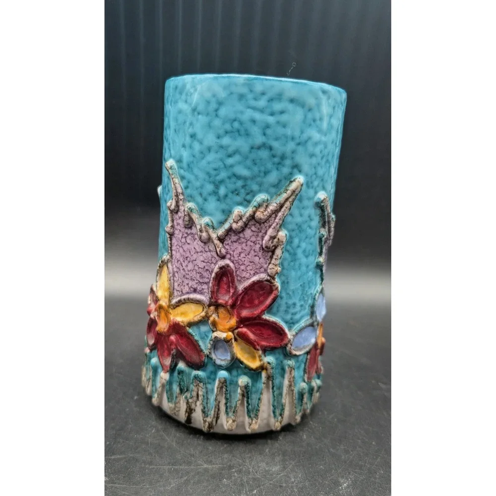 Fratelli Fanciullacci Italian Art Pottery Vase Turquoise Floral Relief 1740/W45